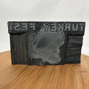 Vintage Turkey Fest Letterpress Printing Block Metal on Wood Thanksgiving Decor